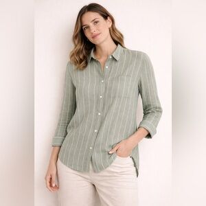 Rails Women XL Sage Green White Stripe Linen Blend Button Up Shirt Long Sleeve